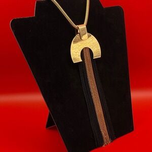 Vintage Gold Tone Geometric Arch Tassel Pendant Necklace Mixed Metal Snake Chain